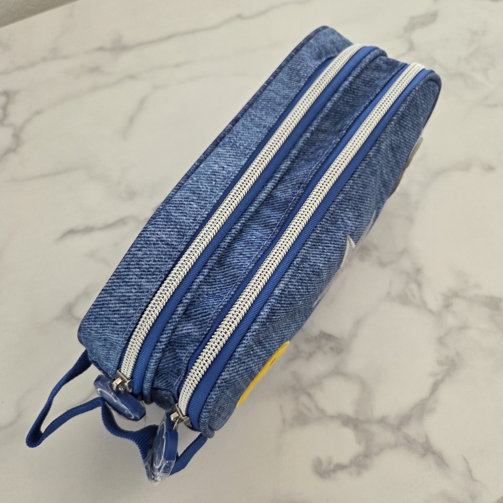 Y2K Blue Denim Cosmetic Travel Pouch Double Zipper Pencil Case Emoji Patches - Picture 4 of 14